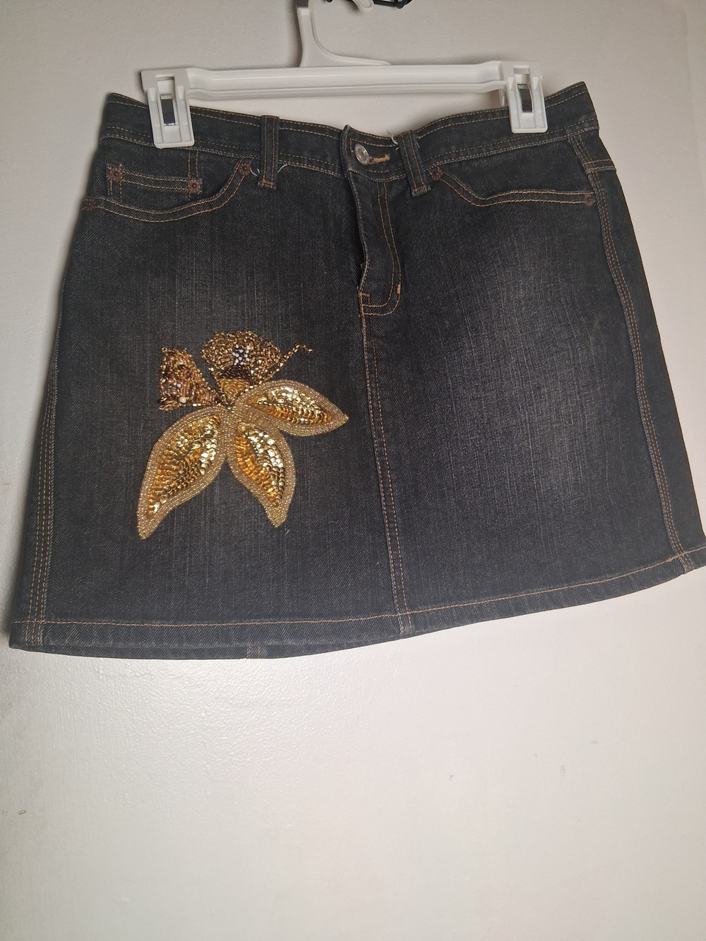 Gap Y2k Dark Denim Mini Skirt with Gold Sequin Floral Accent